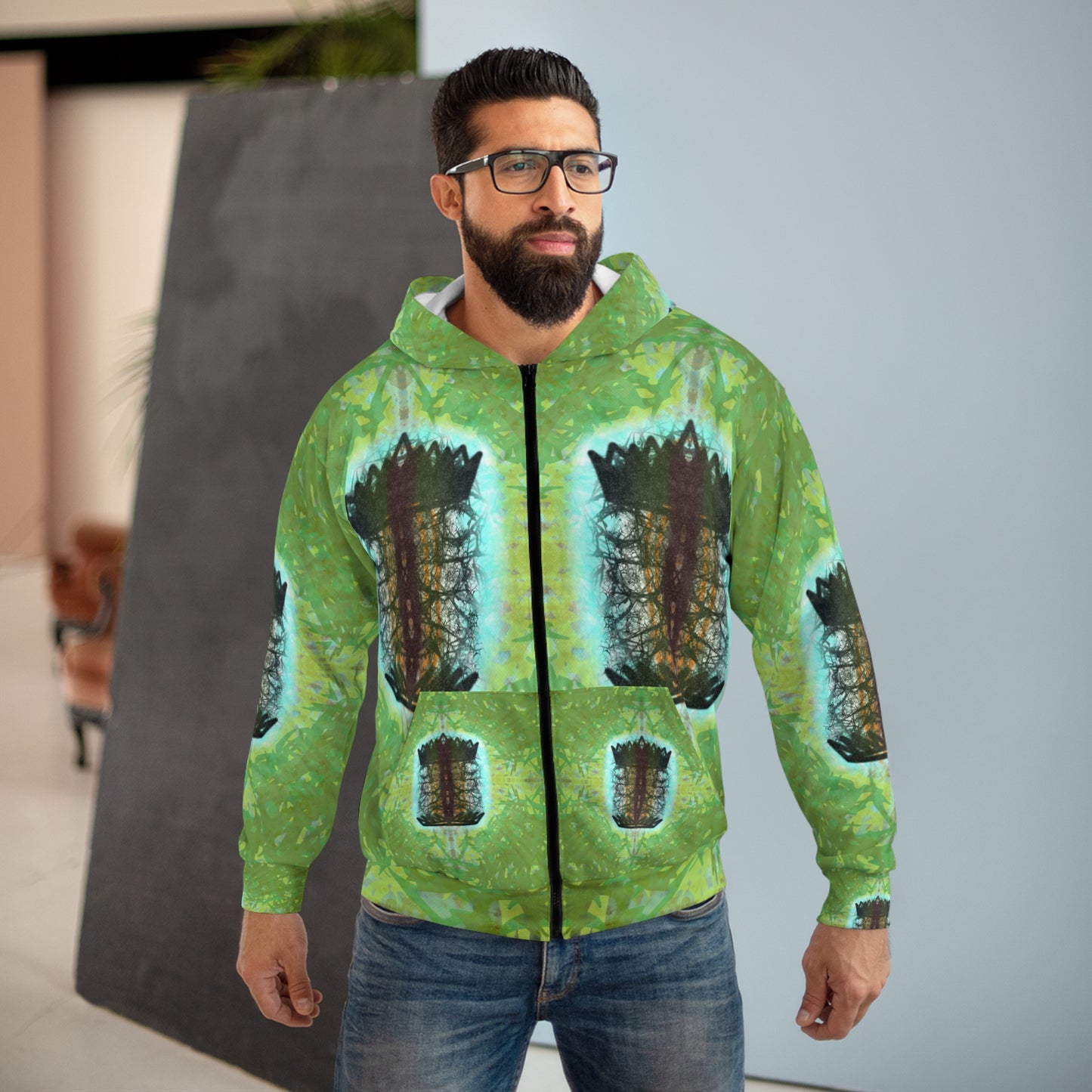 Verdant Sigil Unisex Zip Hoodie Leafy Green Streetwear